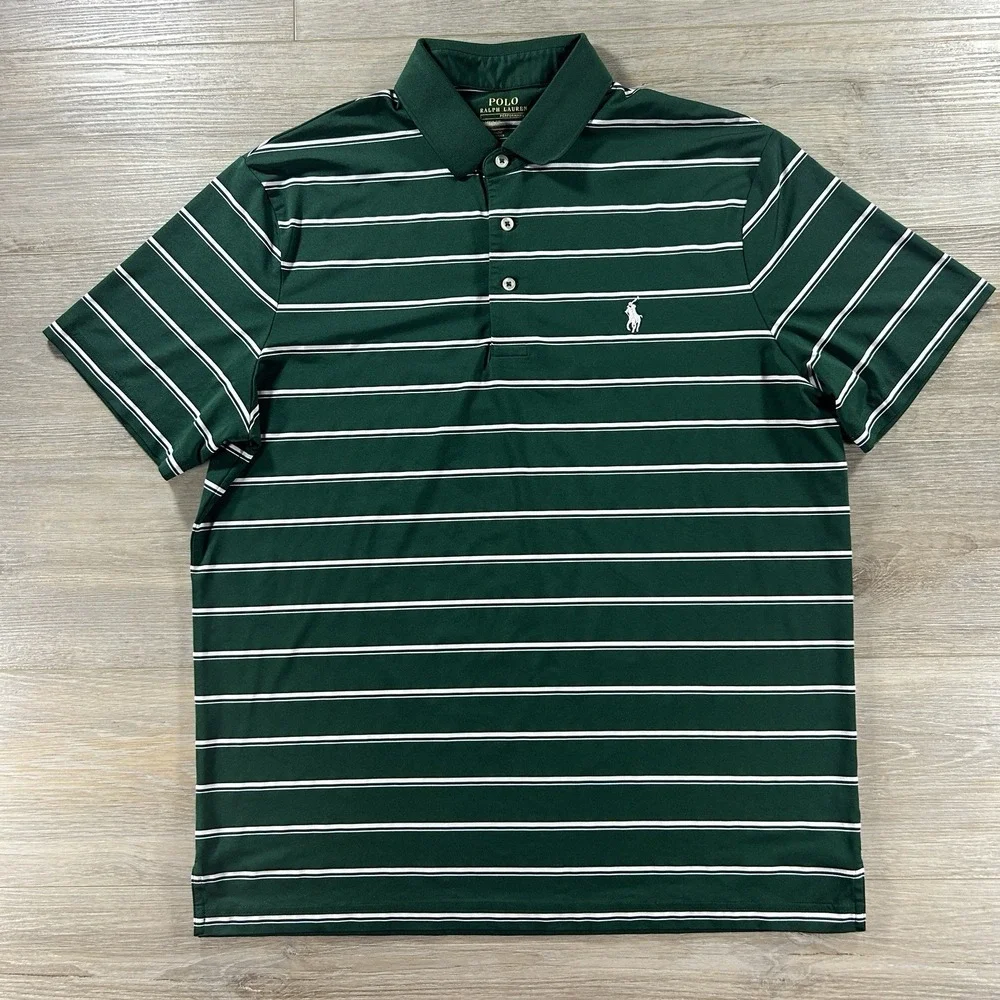 Polo Ralph Lauren Medium Performance Shirt Green Striped Golf Stretch Pony Logo